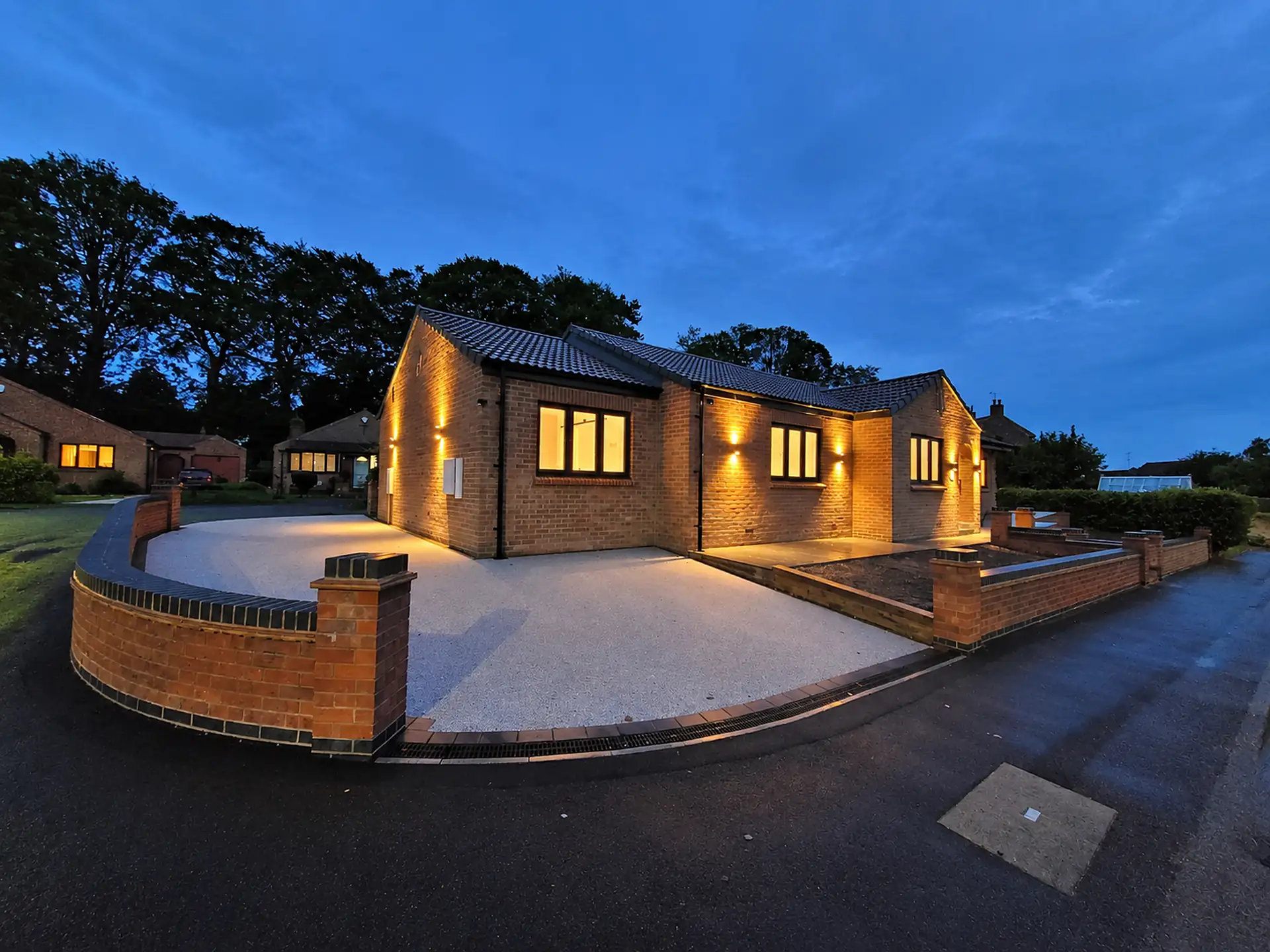 Mallorie Court bungalow in Ripon lit at dusk