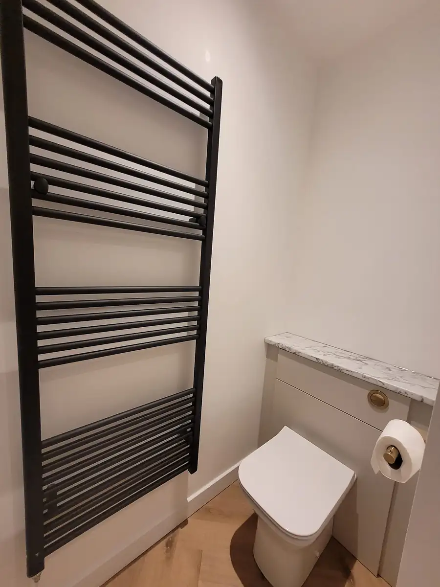 Towel radiator and wall hung toilet